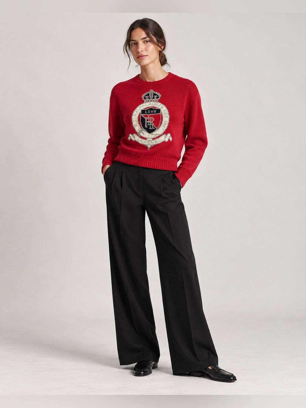 Ralph Lauren Intarsia Red Crest Knit Sweater Crewneck Women's Sz XS